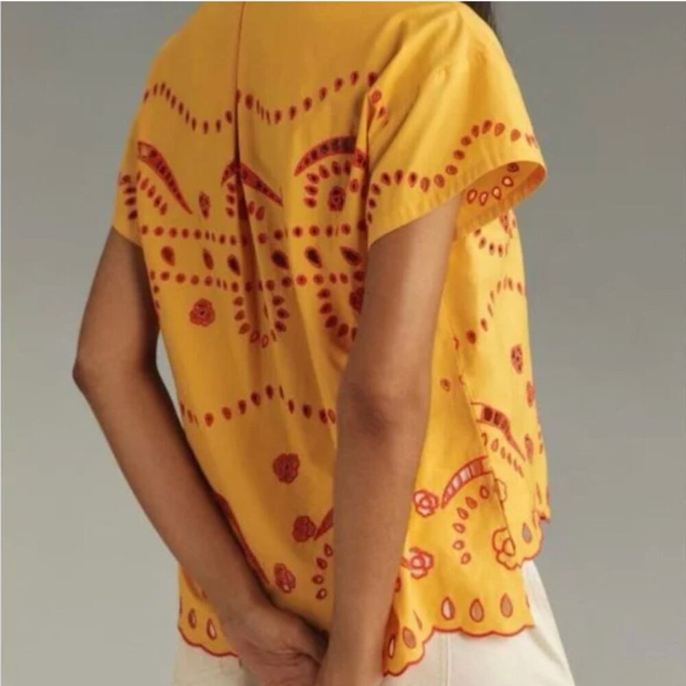 EUC Maeve Short-Sleeve Boxy Eyelet Popover Blouse Orange Motif Medium - Picture 2 of 4